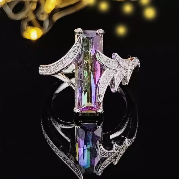 New Luxury Multicolor Rectangle 925 silver Engagement Ring for Women - Picture 2 of 4